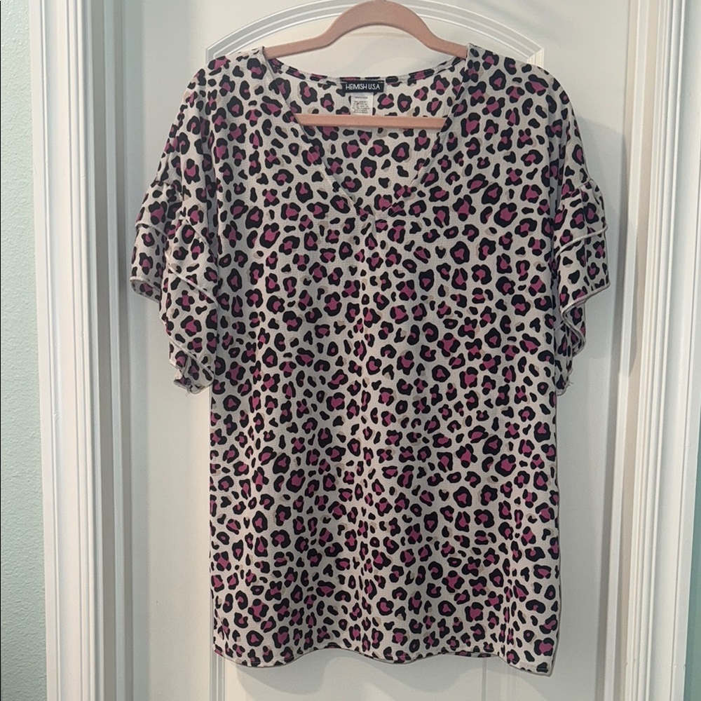 HEIMISH Pink Tan V-Neck Ruffle Sleeve Blouse